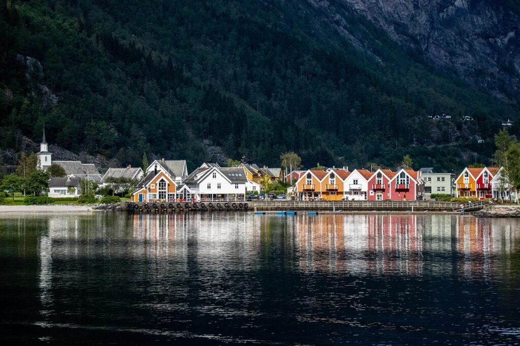 village, scandinavia, nature, house, norway, fjord, water, travel