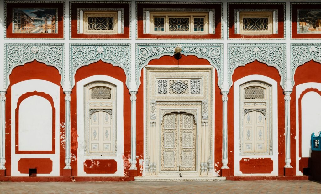 Intricate traditional facade with ornate details in Lahore, Pakistan, showcasing cultural architecture.